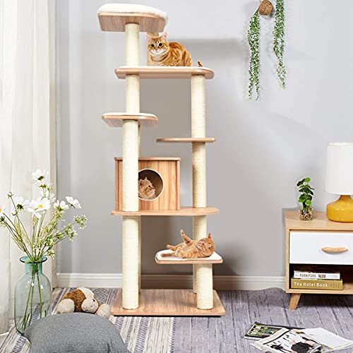 Tangkula Tall Cat Tree, 69-Inch Modern Cat Tower with Sisal Rope Scratching Posts, Wood Cat Tree with Multi-Layer Platform, Cat Condo Furniture with Washable Cushions for Indoor Cats Large Adult - color: Natural