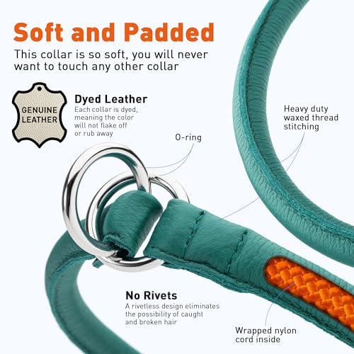 Dogline Soft and Padded Round Leather Choke Collar for Dogs (Teal, W1/4-in x L14-in) - color: Teal, size: W1/4-in x L14-in