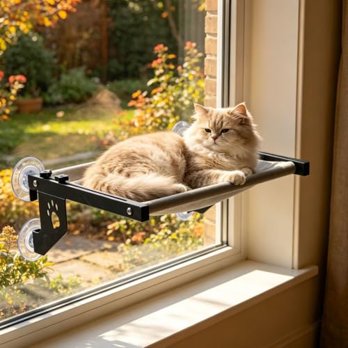 2‑in‑1 Cat Window Perch,Suction Cup & Hook‑On Windowsill Mounted Pet Perch, Sturdy Hammock with Metal Frame for Large Cats, Easy to Adjust Cat Bed for Windowsill, Bedside, Drawer and Cabinet