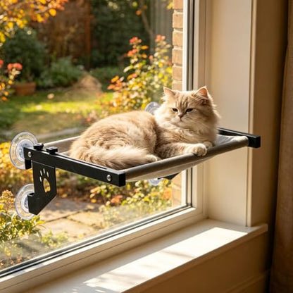 2‑in‑1 Cat Window Perch,Suction Cup & Hook‑On Windowsill Mounted Pet Perch, Sturdy Hammock with Metal Frame for Large Cats, Easy to Adjust Cat Bed for Windowsill, Bedside, Drawer and Cabinet