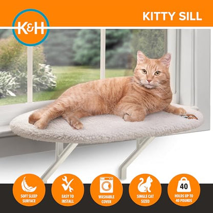 K&H Cat Window Perch Kitty Sill - Cat Window Hammock Bed with Strong Suction Cups Hold 40 lbs, Cushioned Windowsill Bed for Indoor Cats, Washable Cover, Cream Fleece, 24 x 14 Inches - style: Unheated