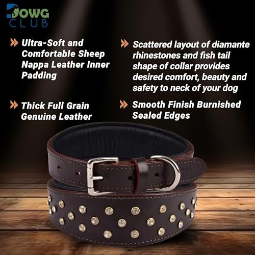 Genuine Leather ‘Cupola’ Series Dog Collar | Rhinestone | Soft, Cushion Padding, Handmade | Best for Medium, Large, XL Breeds (XL (Neck Size 22.5"-25.5"),Cherry - Silver Crystal Stones) - color: Cherry - Silver Crystal Stones, size: XL (Neck Size 22.5"-25