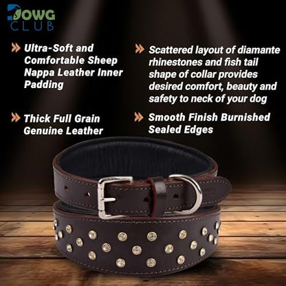 Genuine Leather ‘Cupola’ Series Dog Collar | Rhinestone | Soft, Cushion Padding, Handmade | Best for Medium, Large, XL Breeds (XL (Neck Size 22.5"-25.5"),Cherry - Silver Crystal Stones) - color: Cherry - Silver Crystal Stones, size: XL (Neck Size 22.5"-25