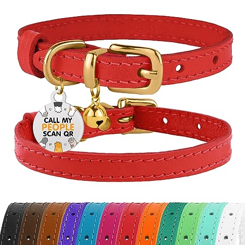 Leather Cat Collar with Removable Bells Non Breakaway Kitten QR Tag for Girl Boy (9" - 12" Cats/Mini Dogs, Red & Gold) - color: Red & Gold, size: 9 - 12 inch