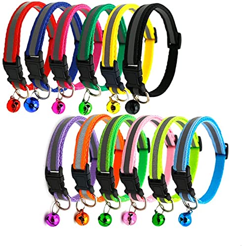 Cat Collar with Bell - 12pcs Mixed Colors Reflective Collars for Cats or Small Dogs, Soft Nylon, Neck 7.8" - 13"