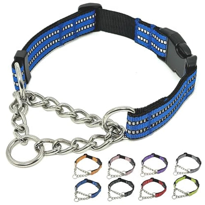 Martingale Dog Collars, Reflective Nylon Collar with Stainless Steel Chain, Adjustable Walking Training Dog Collars with Quick Release Buckle, Suitable for Small Medium Large Dogs(Blue,M) - color: Blue, size: Medium-(dog's neck 13~16.5inches)