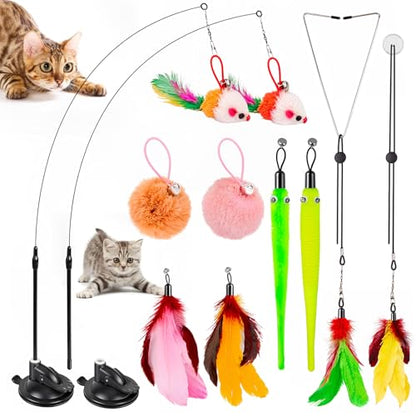 Cat Toys, 2 Pack 3 in 1 Interactive Cat Toy for Indoor Cats with Sticky Super Suction Cup Detachable 10 Pcs Replacements Feathers Balls Mice 2 Wand Hanging Door Kitten Toys - color: 10 Toy Replacement