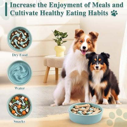 Ceramic Slow Feeder Dog Bowls, 0.6 Cups Dog Food Dish for Small and Medium Breed, Puzzle Dog Food Bowl for Fast Eater, 15OZ, 6.3 inch(Light Green) - color: Light Green-M