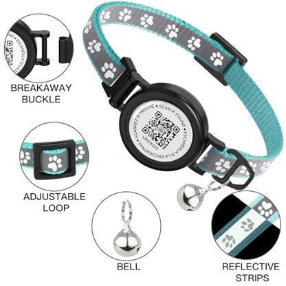 Waterproof Cat Collar with QR TAG & Reflective, Footprints Pattern, Lightweight Kitten Collar for Apple Tag, Hidden GPS Tracker Holder for Cats, Kittens (Teal) (7-12")