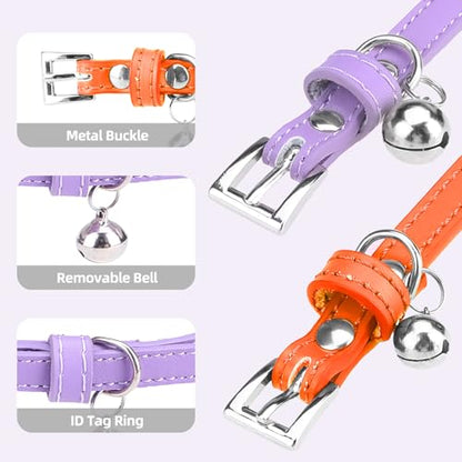 PUPTECK 2 PCS Soft Genuine Leather Cat Kitten Collar with Bells Adjustable for Girl Boy Cats Puppy - Orange, Purple - color: Orange&Purple