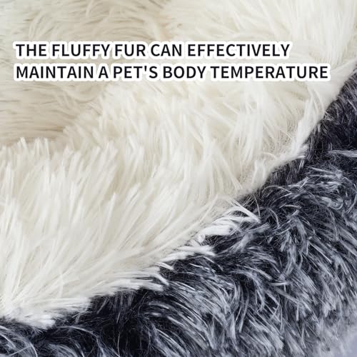 Dog Bed Round Hooded Plush Cat Cave Self Warming Pet Bed Donut Anti Anxiety Fluffy Pet Bed for Puppy and Kitty - color: Gradient Dark grey, size: Medium 23.6''