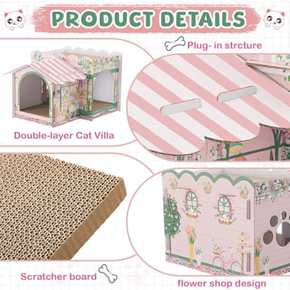 Lineshading 2 Story Cardboard Cat House with Scratcher Pad, Multi Level Durable Cat Scratcher House for Small Kitten Bunny Rabbit Animals Christmas Birthday Gift(17x12x10,Florist) - style: Florist