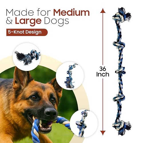 Pup Quartet Dog Rope Toy for Aggressive Chewers – 36-Inch Tug of War Dog Toy – 5-Knot Heavy Duty Rope Toys for Dogs – Virtually Indestructible Chew Toys for Medium & Large Dogs
