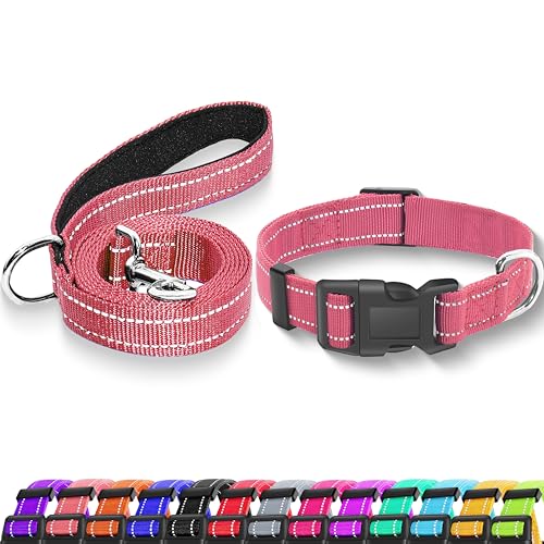 Reflective Dog Collar with Safety Locking Buckle, Adjustable Soft Breathable Nylon Collars for Small, Medium and Large Dogs(Collar+Leash XS Width 5/8" Pink) - color: Pink, size: X-Small (Width 5/8")