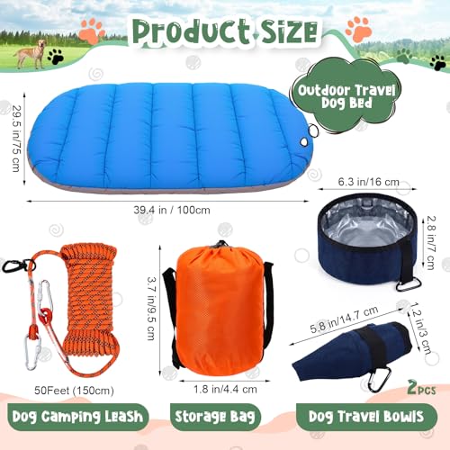 4 Pcs Dog Camping Essentials Set Include 1 Pack 39.4 x 29.5 Inch Foldable Dog Bed 2 Pcs Portable Collapsible Dogs Bowls 1 Pack 50 ft Heavy Duty Pet Tie Out Cable for Camping Travel Outdoor Activities