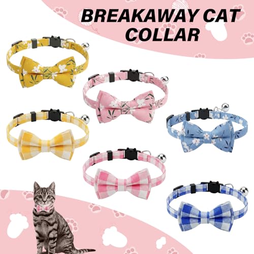 6 Pcs Spring Cat Collar Breakaway with Bow Tie and Bell Kitten Collars Removable Bowtie Plaid Flower Cat Collar for Cats Kittens Puppy (Flower) - style: Flower