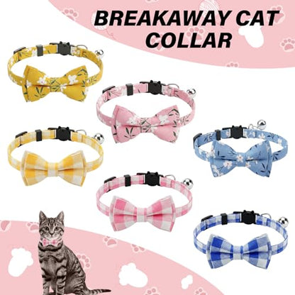 6 Pcs Spring Cat Collar Breakaway with Bow Tie and Bell Kitten Collars Removable Bowtie Plaid Flower Cat Collar for Cats Kittens Puppy (Flower) - style: Flower