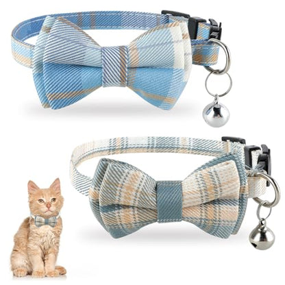 Jeffdad 2Pcs Cat Collar Breakaway, Cat Collar with Bells Bowtie Plaid Cat Collar Adjustable for Kitten Puppy and Small Pets (Blue and White Plaid) - color: Blue and white plaid