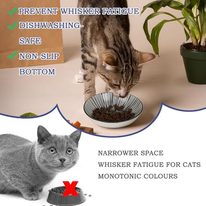 HAPPY KIT 2pcs Ceramic Cat Food Bowls for Indoor Cats Set,5.7 inch Colorful Cute Feeding Plate with Non Slip Mat,8.5oz Cat Dish/Dishes,Wide Shallow Bowl Whisker Friendl - color: Stamen&Line