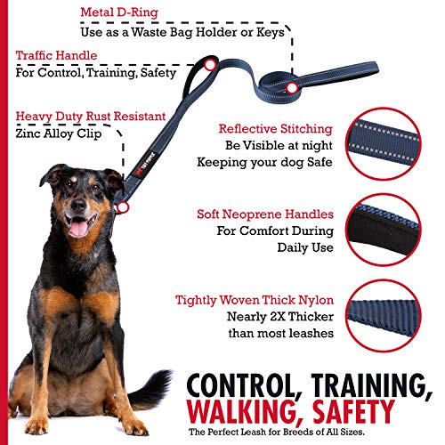 Tuff Pupper Heavy Duty Double Handle Leash | Twist Locking Carabiner Clip | Safety Lock for Strong Dogs | Reflective for Safe Night Walks | 6 Foot Leash | For Medium & Large Dogs - color: Midnight Blue
