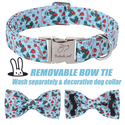 Christmas Dog Collar with Bow Tie - Cute Christmas Cherry & Candy Pattern Blue Puppy Collar, Adjustable Metal Buckle Winter Holiday Bowtie Dog Collars for Small Medium Large Dogs XS - color: B-Blue Xmas Polka Dot, size: XS