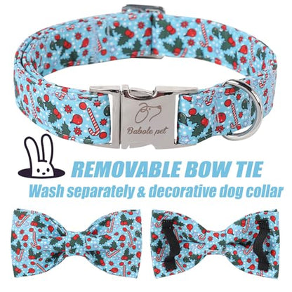 Christmas Dog Collar with Bow Tie - Cute Christmas Cherry & Candy Pattern Blue Puppy Collar, Adjustable Metal Buckle Winter Holiday Bowtie Dog Collars for Small Medium Large Dogs XS - color: B-Blue Xmas Polka Dot, size: XS