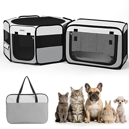 2-in-1 Portable Cat Playpen, [48 * 26 * 26in] Large Pet Playpen with Detachable Litter Box Enclosure Playpen, Pop-Up Indoor/Outdoor Puppy Kennel for Cats/Small Dogs/Rabbits, Foldable with Carry Bag