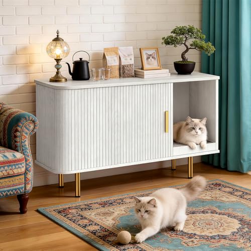 Cat Litter Box Enclosure with Scratch Pad, Sliding Door, 38.5" Cat Litter Furniture Hidden Litter Box Cabinet, Modern Indoor Cat House, TV Stand, Side End Table for Living Room (White) - color: White