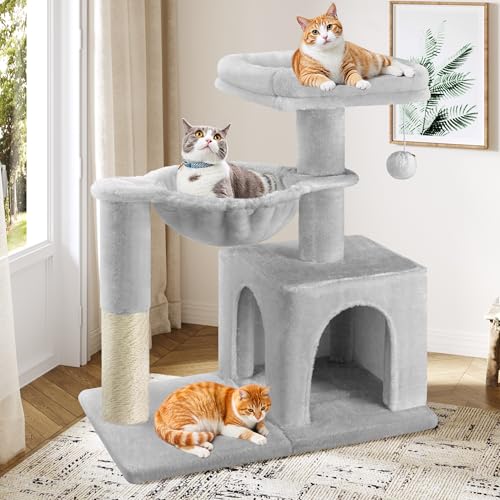 Allewie 29.5in Indoor Cat Tree, Multi-Level Cat Tower with Sisal Scratching Posts, Padded Perch, Basket, Condo, and Hanging Ball, Suitable for Kittens and Adult Felines, Grey - color: Grey