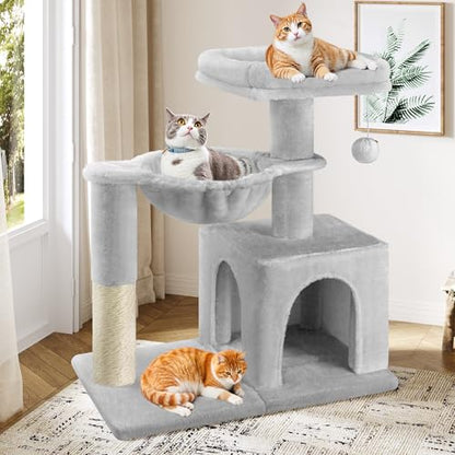 Allewie 29.5in Indoor Cat Tree, Multi-Level Cat Tower with Sisal Scratching Posts, Padded Perch, Basket, Condo, and Hanging Ball, Suitable for Kittens and Adult Felines, Grey - color: Grey