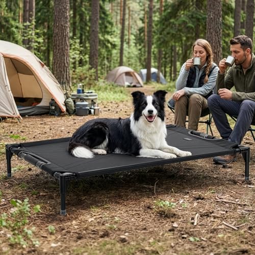 Petsfit Elevated Dog Bed for Large Dogs – Patented Anti-Sag Tension Bar, Cooling Raised Dog Cot for Outdoor/Camping/Indoor, Teslin Mesh, Non-Slip Frame, 42" - size: M-42"
