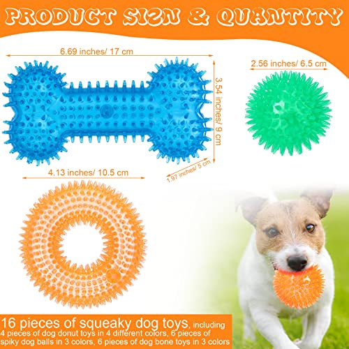 Yexiya 16 Pcs Dog Squeaky Toys Bulk Set Spiky Dogs Donut Bone Teething Toys Squeaky Balls TPR Rubber Toss Fetch for Puppy Small Medium Puppy Aggressive Chewers Training Fetching
