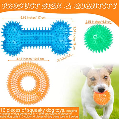 Yexiya 16 Pcs Dog Squeaky Toys Bulk Set Spiky Dogs Donut Bone Teething Toys Squeaky Balls TPR Rubber Toss Fetch for Puppy Small Medium Puppy Aggressive Chewers Training Fetching