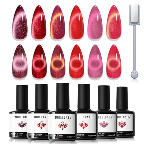 modelones Cat Eye Gel Nail Polish, 6 Colors Red Glitter Burgundy Ruby Sparkle Shimmer Gel Polish Set with Magnet Nail Gel Polish Kit Soak Off Led Nail Art Manicure Salon DIY Gifts - color: A-1 Rouge Aura