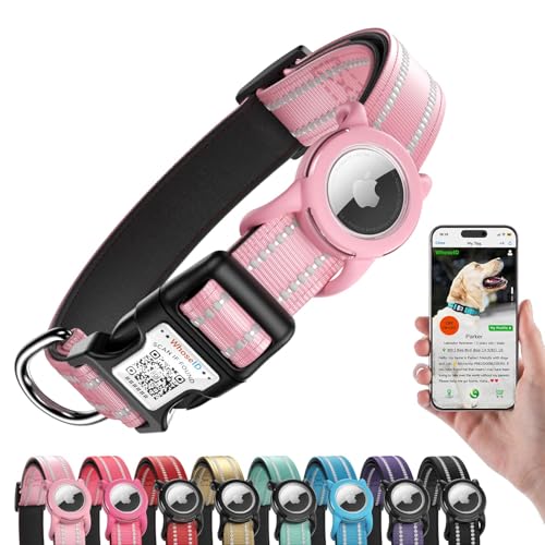 Reflective Dog Collar with AirTag Holder, Waterproof Dog Collar with QR Code, Heavy Duty Adjustable Pet Collar for Small Medium Large Dogs, Pink - color: Pink, size: M