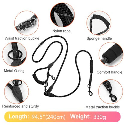 Cymiler Hands Free Dog Leash, 8 Ft Reflective Cross-Body Pet Rope Leashes with Sponge Handle, Heavy Duty Nylon, for Running, Hiking, Training, Waist Leash for Small Medium Large Dogs (Black) - color: Black