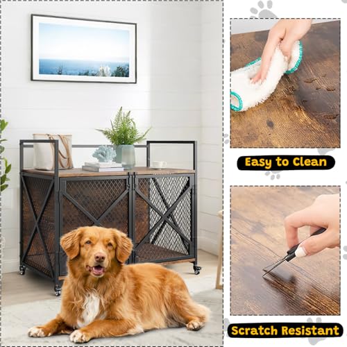 GarveeLife 41 in Dog Crate Furniture, Heavy Duty Decorative Dog Cage with Lockable 360° Wheels, Double Door Dog Kennel End Table for for Small Medium Large Dog, Rustic Brown