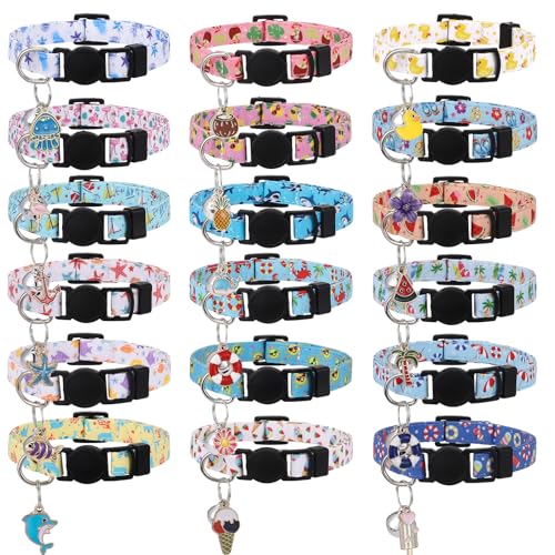 18 Pcs Breakaway Cat Collars with Bells Pendants Adjustable Cute Cat Collars with Ice Cream Sea Pattern Summer Kitten Collar for Girl Boy Cats - color: Summer Animals