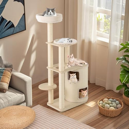 Tangkula Cat Tree Tower, 60 Inch Multi-Level Modern Wooden Cat Tower with 2-Story Condo, Sisal Scratching Posts & Mat, Perch, Hammock, Washable Plush Cushion for Indoor Cats Large Adult - size: 60 Inch