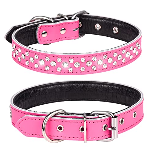 Rhinestones Dog Collar, Adjustable Sparkly Crystal Studded Genuine Leather Pet Dog Collar for Small and Medium Dogs (M, Hot Pink) - color: Hot Pink, size: M