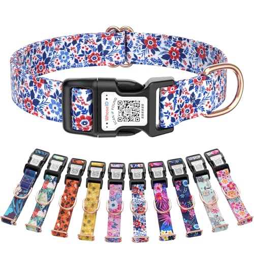 Cute Adjustable Dog Collar with QR Code Buckle - Metal Clip & Cotton Webbing Comfort Fit for Mediun Pets - color: Patriotic Meadow, size: M