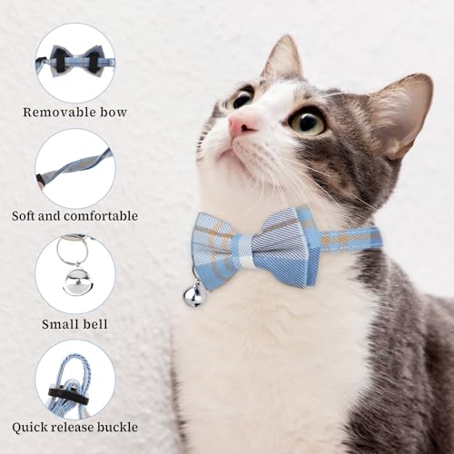 2 PCS Bow Tie Cat Collar with Bells Cat Collar Breakaway Cute Bowtie Plaid Cat Collar with Cat Buckle Soft Adjustable Kitten Accessories for Indoor Cats Puppy and Small Pets Blue and White Plaid