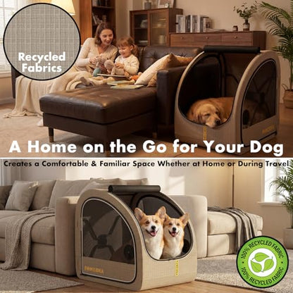 PAWZIDEA Portable Dog Crate for Car, 45% Extra Tall Travel Kennel for Medium & Large Dogs up to 80lbs Sit Upright, Enclosed Soft-Sided Backseat Carrier Collapsible, Secure w/Seatbelt & Headrest Strap - color: Khaki Plaid, Large