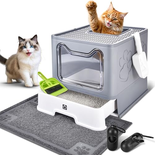 Cat Litter Box with Litter Mat, Foldable Extra Large Free in and Out/One-Way with Lid, Drawer Type Enclosed Kitty Litter Box,Odor Control Anti-Splashing Easy Cleaning (Medium Grey) - color: Medium Grey