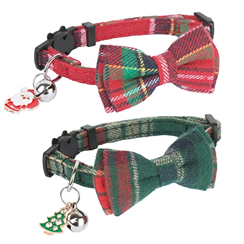 ADOGGYGO Christmas Cat Collars Breakaway with Removable Bow Tie Bell, 2 Pack Red Green Plaid Christmas Bow Collar for Cats Kittens - color: Christmas-1