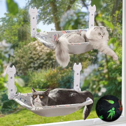 HiPetpy 2 Pack Cat Window Perch, Glow in The Dark Foldable Cat Hammock with Sunken Design & Removable Soft Cover, Breathable Cordless Window Bed for Resting Indoor Kitten (Shallow Perch, 2 Pack - M) - size: 2 Pack - M