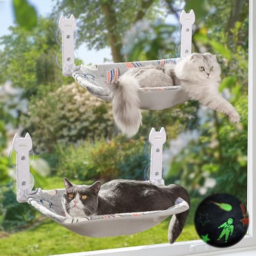HiPetpy 2 Pack Cat Window Perch, Glow in The Dark Foldable Cat Hammock with Sunken Design & Removable Soft Cover, Breathable Cordless Window Bed for Resting Indoor Kitten (Shallow Perch, 2 Pack - M) - size: 2 Pack - M
