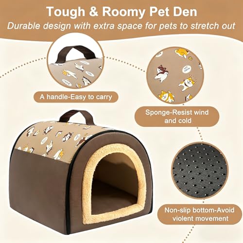 Jiupety Indoor Dog House, 2 in 1 Portable Foldable House Bed with Cover, Pet Tent & Cave Bed for Small Medium Dog, L(21"×17"×15"), Up to 16 Lb, Brown - style: L