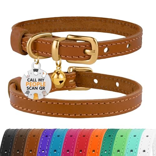 Leather Cat Collar with Removable Bells Non Breakaway Kitten QR Tag for Girl Boy (7" - 9" for Cats, Light Brown & Gold) - color: Light Brown & Gold, size: 7 - 9 inch