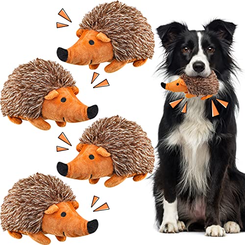 Funtery 4 Pcs Hedgehog Dog Squeaky Interactive for Boredom Hedgehog Chew Stuffed Biting Training Playing Hide and Seek for Puppy, 7.87 Inch Brown